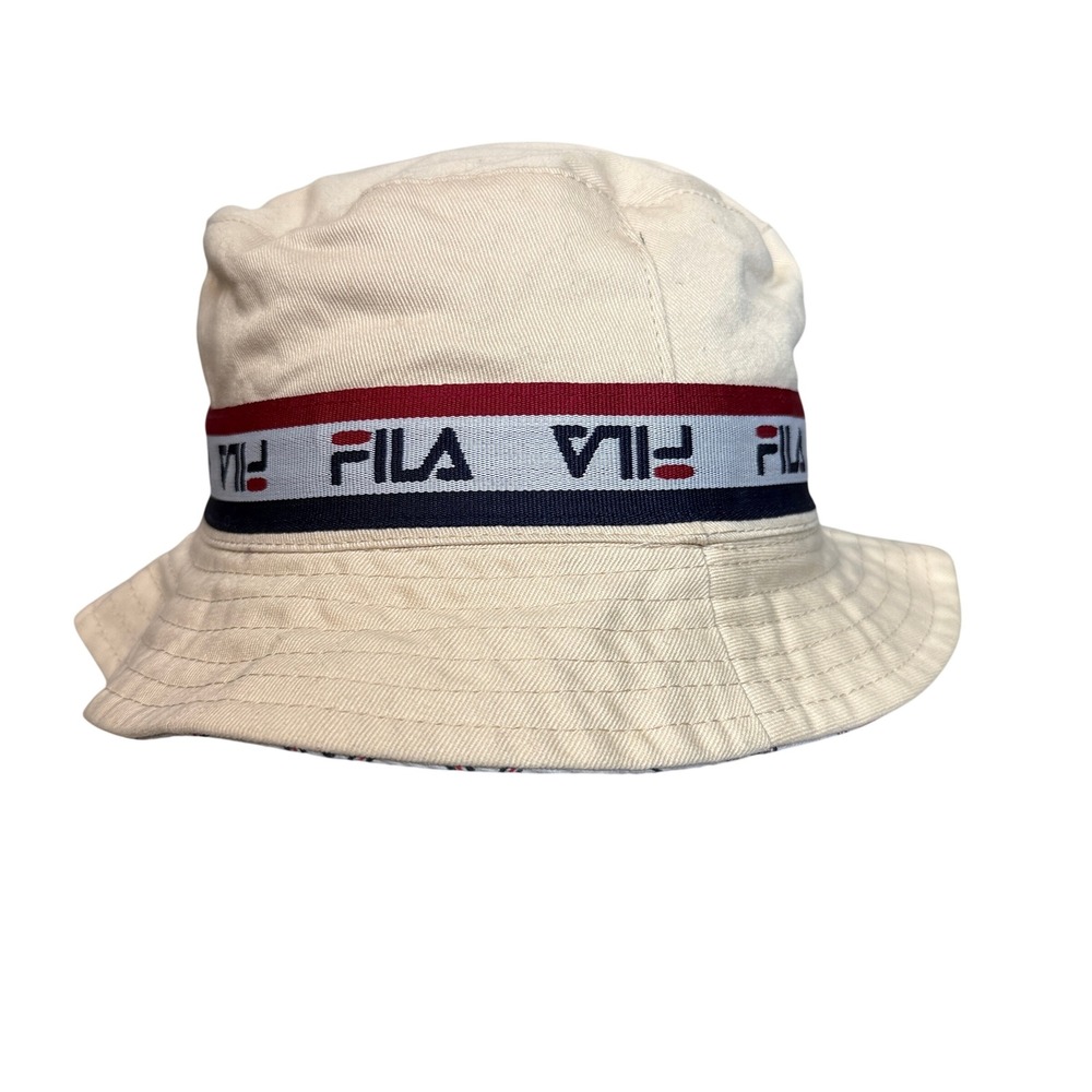 Fila Bucket Hat Unisex S/M Cream Logo Tape Reversible Print Cotton Streetwear